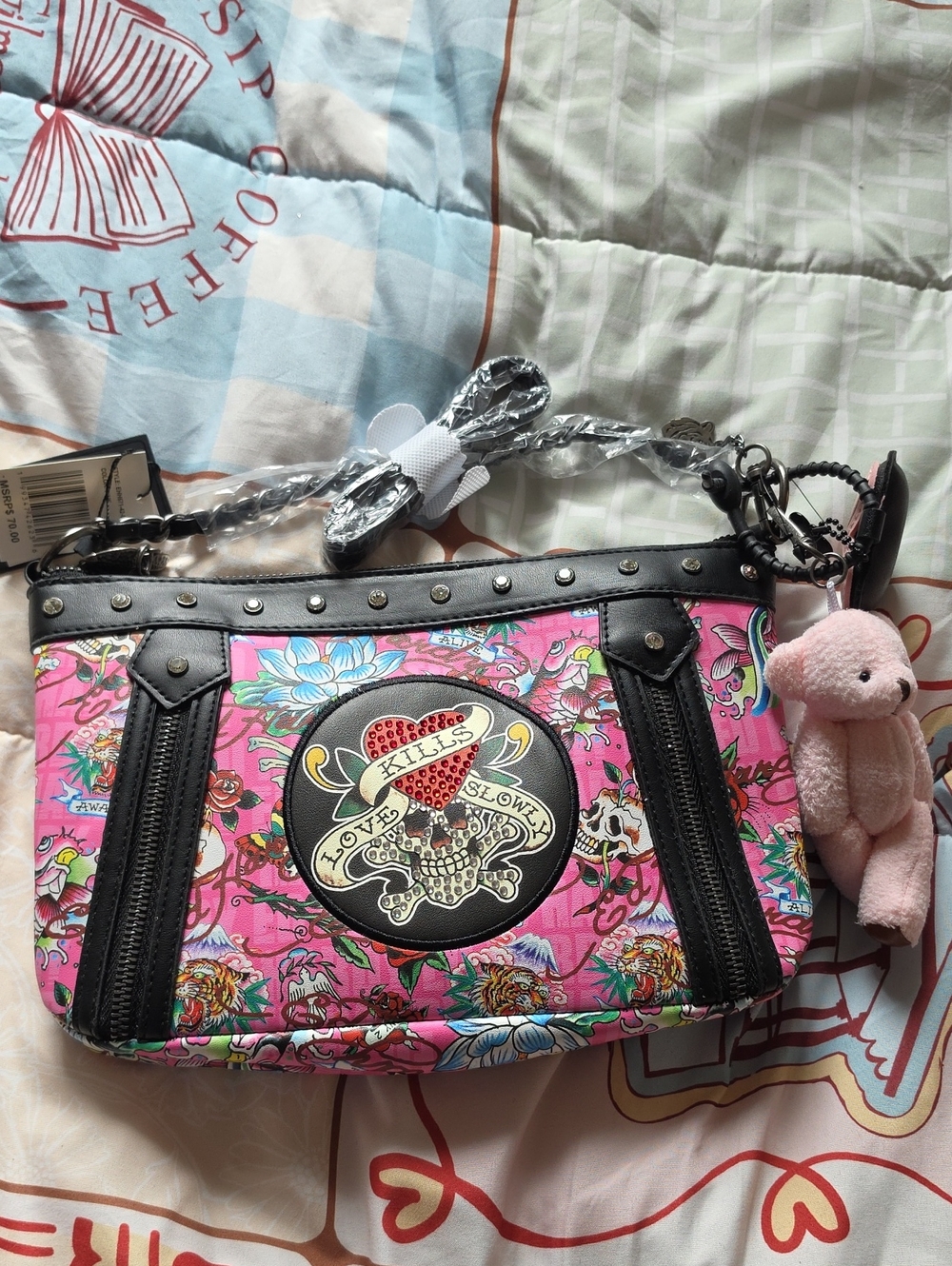 Pink ED HARDY SHOULDER Bag with Heart Patch